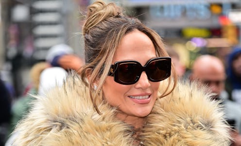 NEW YORK, NEW YORK - FEBRUARY 15:  Jennifer Lopez visits Times Square on February 15, 2024 in New Yo...