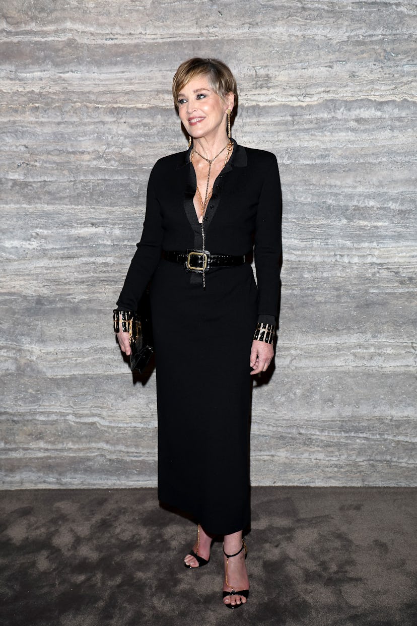 MILAN, ITALY - FEBRUARY 22: Sharon Stone is seen arriving at the Tom Ford fashion show during the Mi...