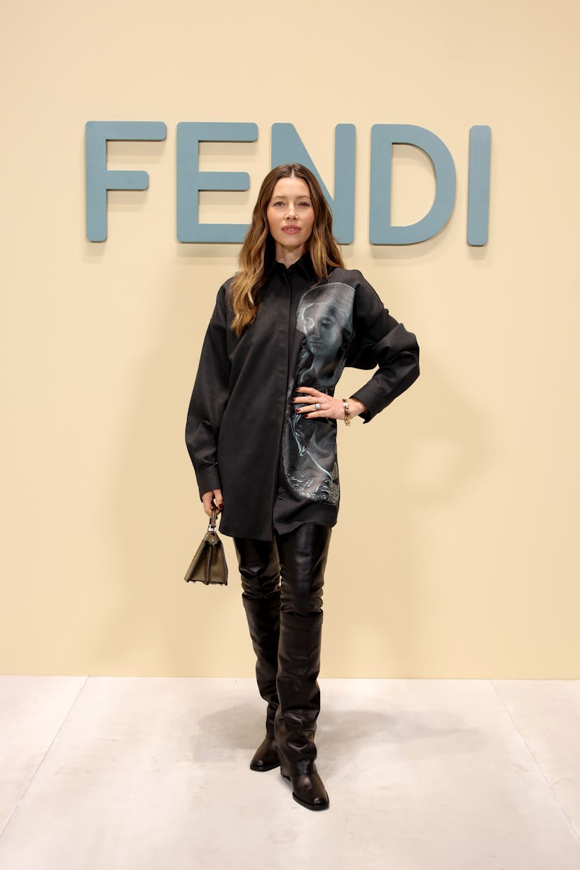 MILAN, ITALY - FEBRUARY 21: Jessica Biel attends the Fendi fashion show during Milan Fashion Week Wo...