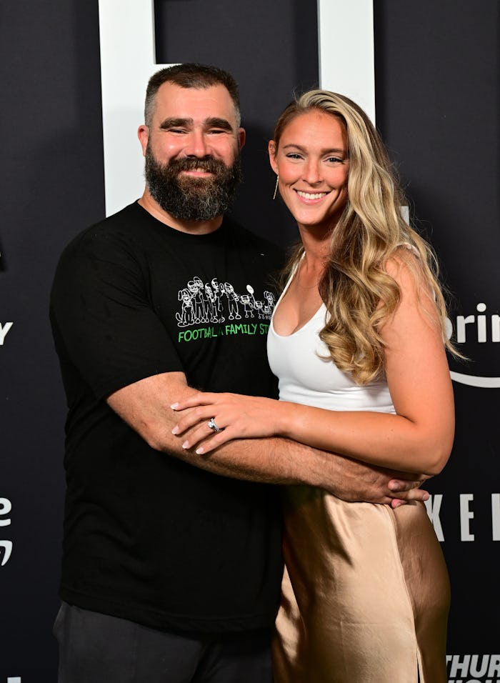 PHILADELPHIA, PENNSYLVANIA - SEPTEMBER 08: (L-R) Jason Kelce and Kylie Kelce attend Thursday Night F...