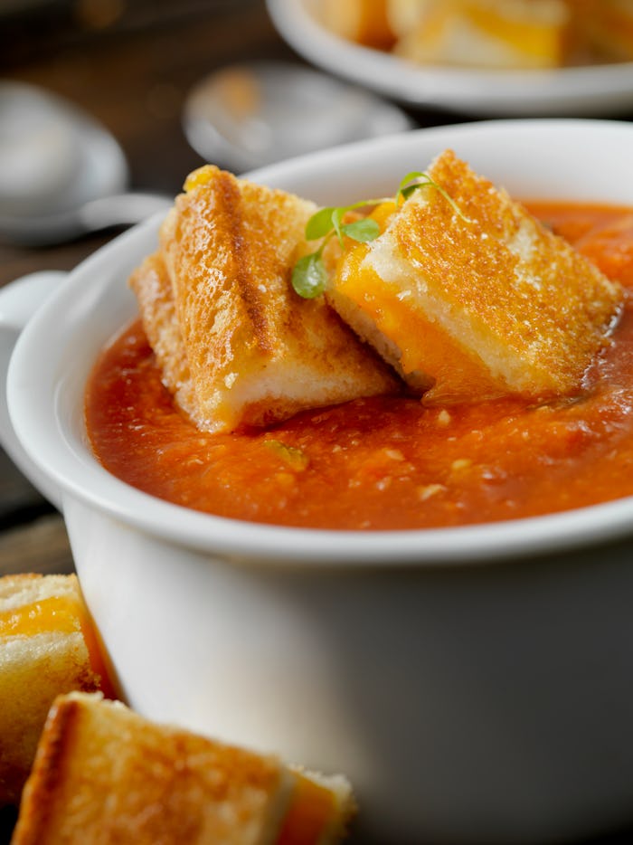 Roasted Tomato, Garlic and Basil Soup with Grilled Cheese Croutons