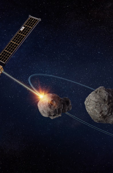 Artist rendering of the NASA Double Asteroid Redirection Test (DART) space probe approaching the ast...
