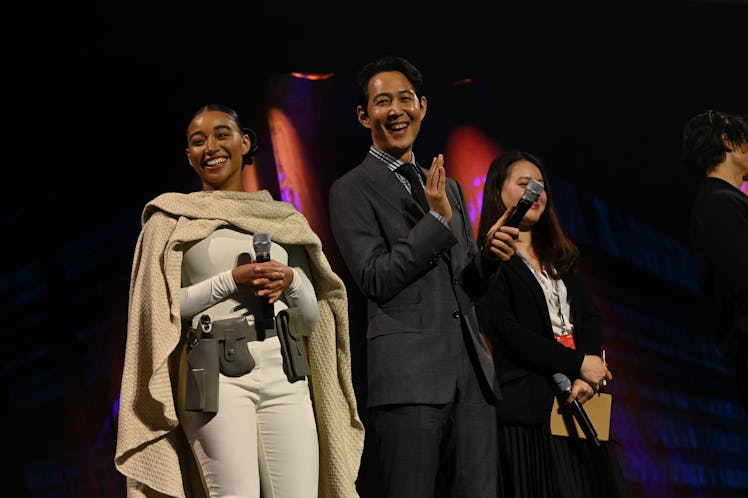 LONDON, ENGLAND - APRIL 07: Amandla Stenberg and Lee Jung-jae onstage during the studio panel at the...