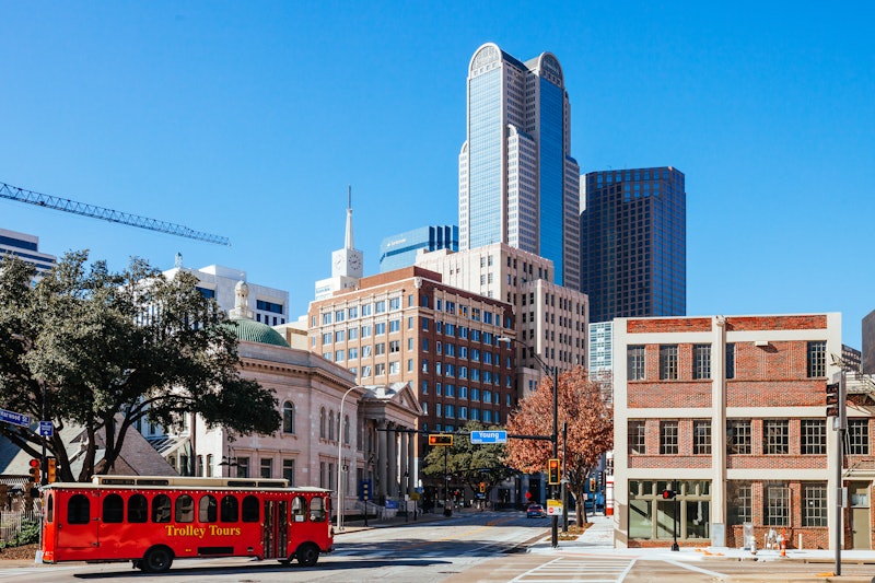 Dallas, Texas, USA - Tourist trolley ride iheding to Dallas downtown.