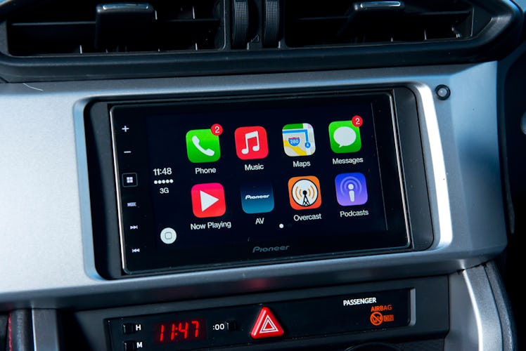 Detail of a Pioneer head unit fitted in a Subaru BRZ, photographed for a feature on Apple's CarPlay,...