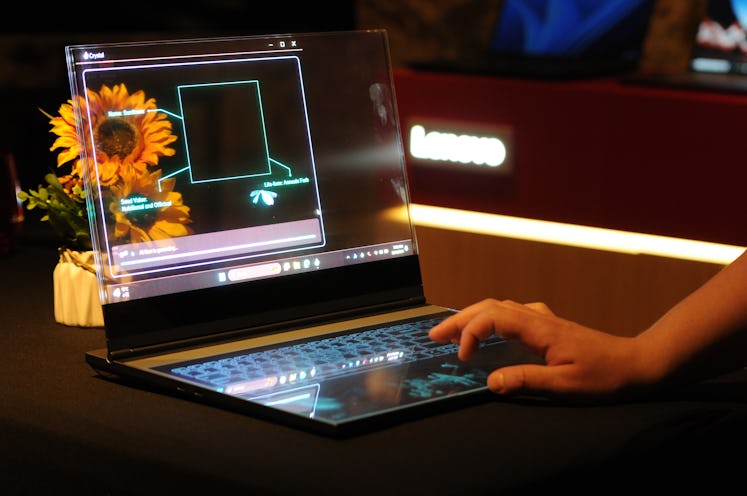 24 February 2024, Spain, Barcelona: A laptop with a transparent screen stands in a room in Barcelona...