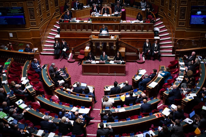 View of the hemicycle of the French Senate in Paris during the debate on enshrining abortion in the ...