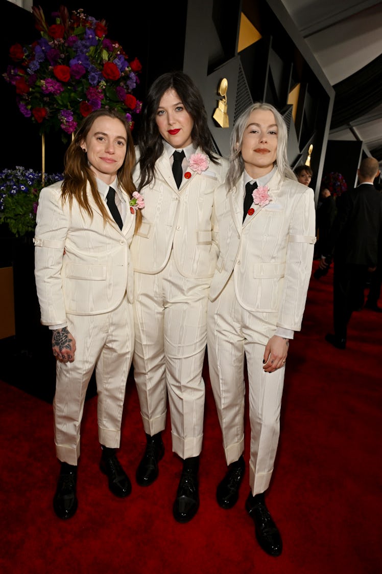LOS ANGELES, CALIFORNIA - FEBRUARY 04: (L-R) Julien Baker, Lucy Dacus and Phoebe Bridgers of Boygeni...