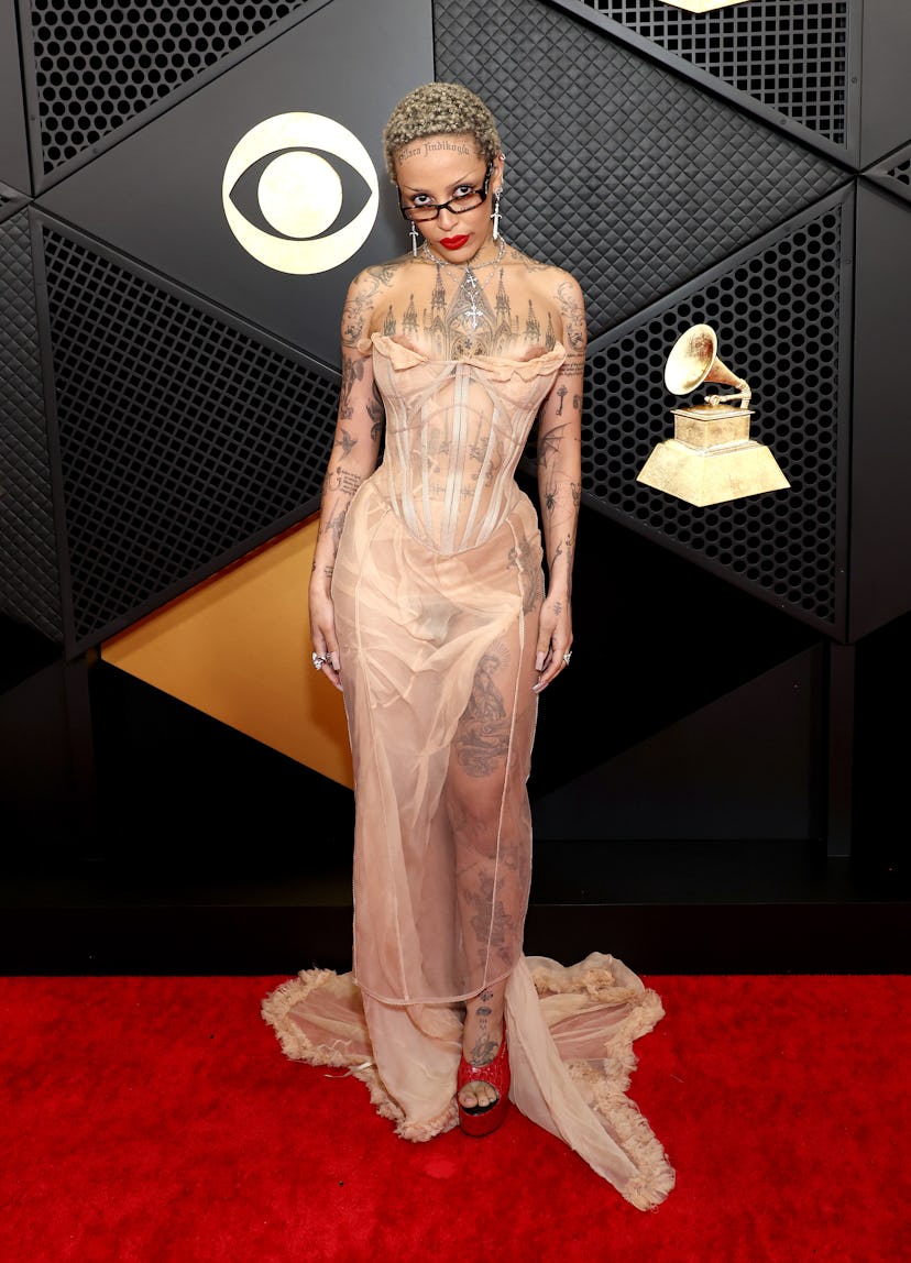 Doja Cat freed the nipple at the 2024 GRAMMY Awards in a sheer bustier naked dress