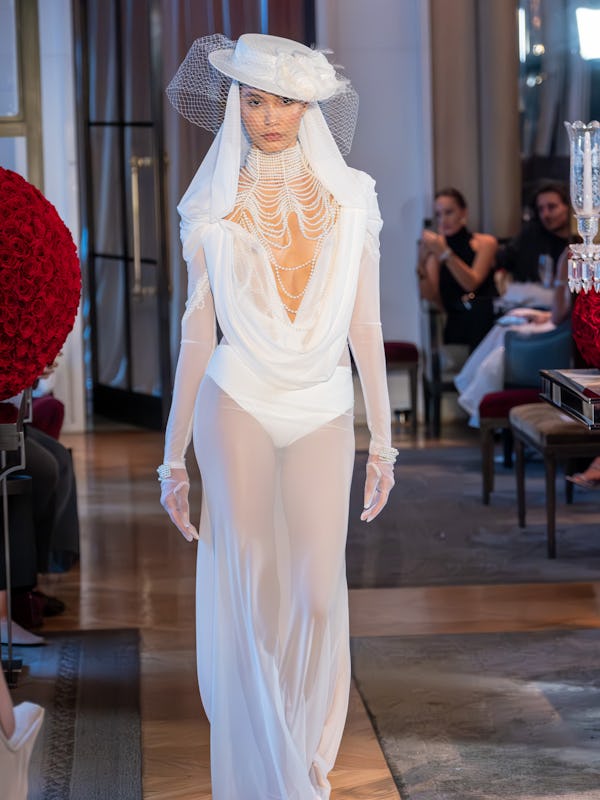 Model walks the runway at the Bronx and Banco Show during Bridal Fashion Week on October 12, 2023 at...