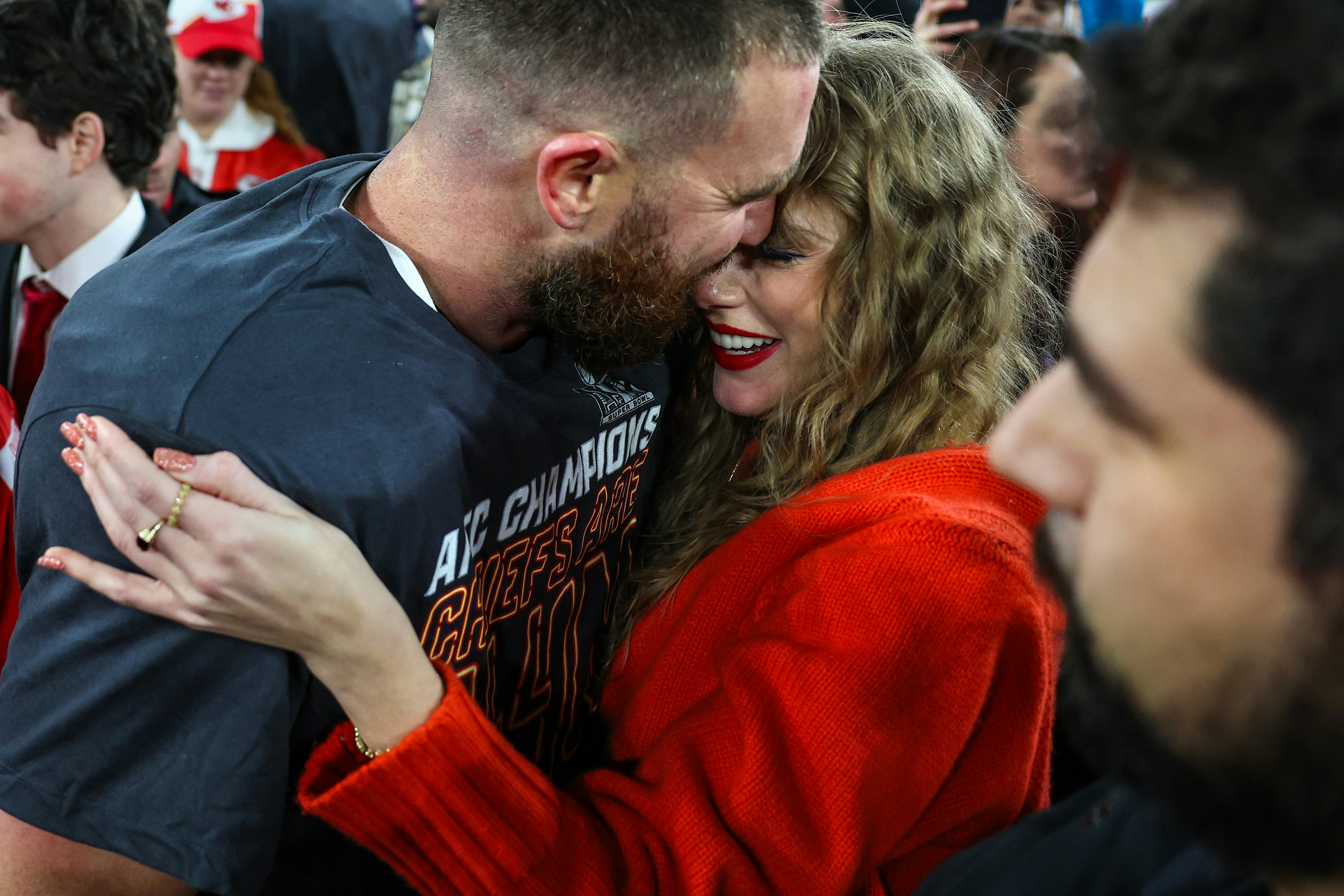 Travis Kelce and Taylor Swift after the Kansas City Chiefs earned a Super Bowl berth.