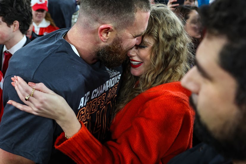 Travis Kelce and Taylor Swift after the Kansas City Chiefs earned a Super Bowl berth.