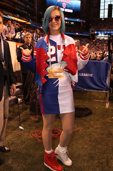 Katy Perry attends the Bridgestone Super Bowl XLVI Pregame Show at Lucas Oil Stadium on February 5, ...