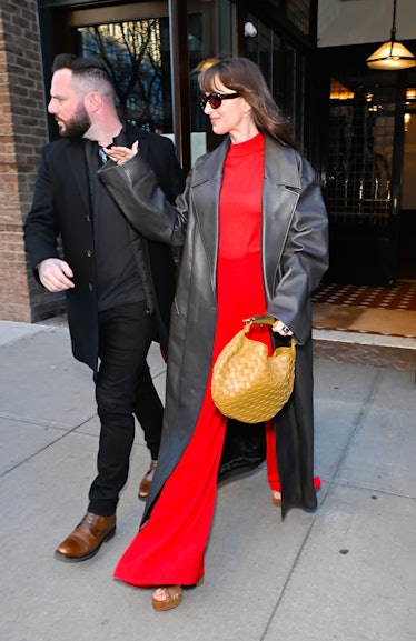 Dakota Johnson is seen walking in soho  on February 07, 2024 in New York City.