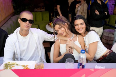 Justin Bieber, Hailey Bieber and Kendall Jenner attend Super Bowl LVI at SoFi Stadium on February 13...