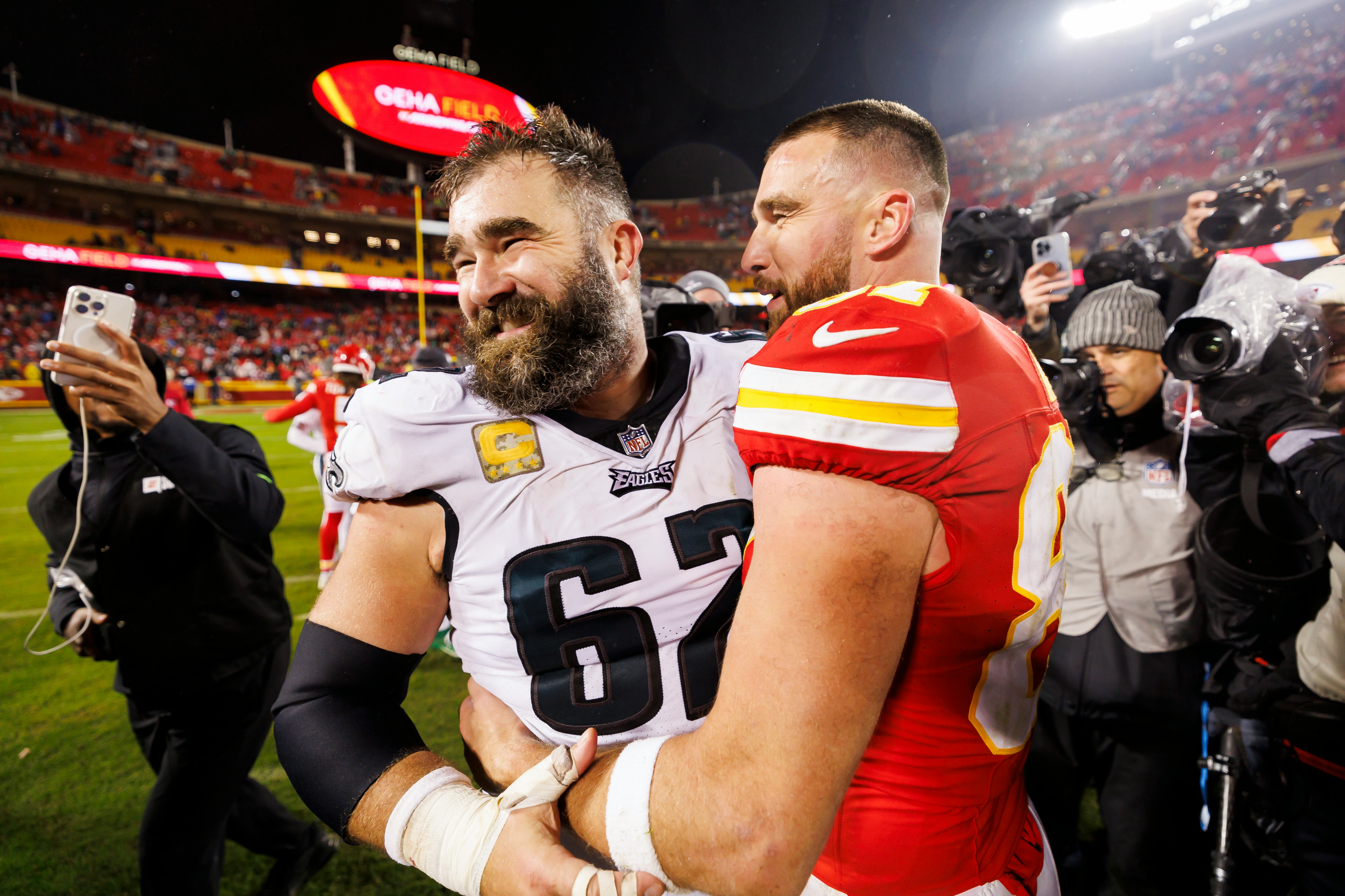 Jason Kelce of the Philadelphia Eagles (left) and Travis Kelce of the Kansas City Chiefs after an NF&hellip;