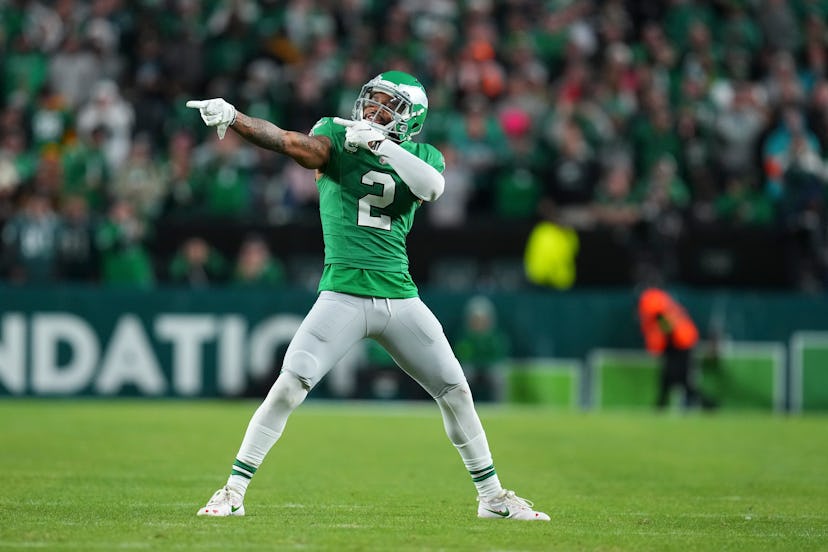 Darius Slay Jr. of the Philadelphia Eagles reacts against the Miami Dolphins at Lincoln Financial Fi…