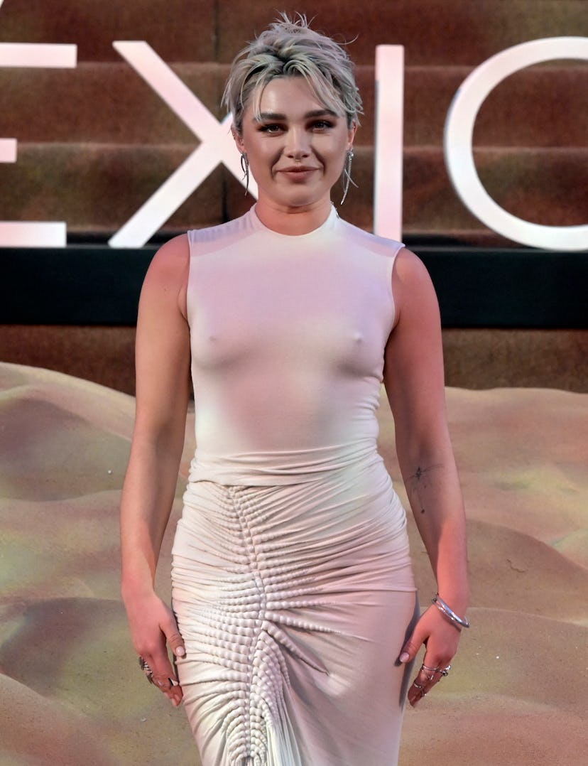 British actress Florence Pugh poses during the red carpet of the film "Dune: Part Two" in Mexico Cit...