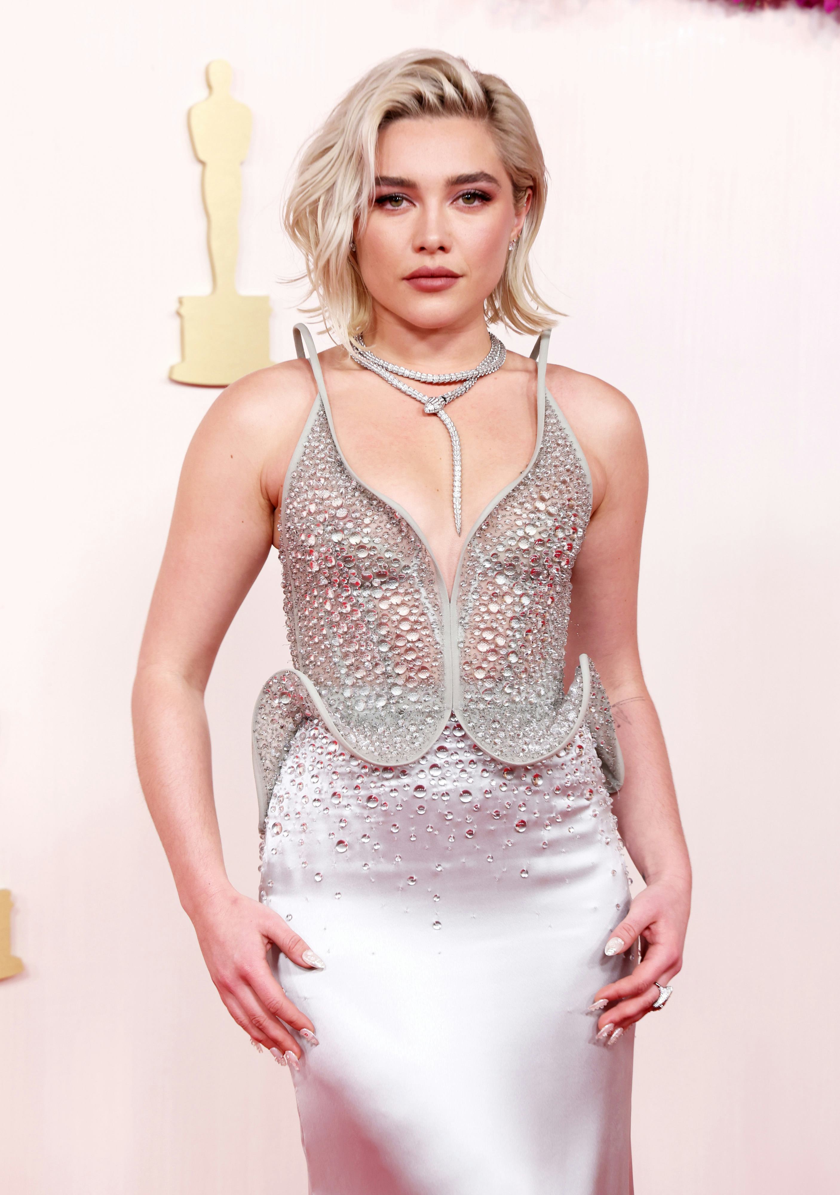 Florence Pugh rocked a studded manicure at the 2024 Oscars.