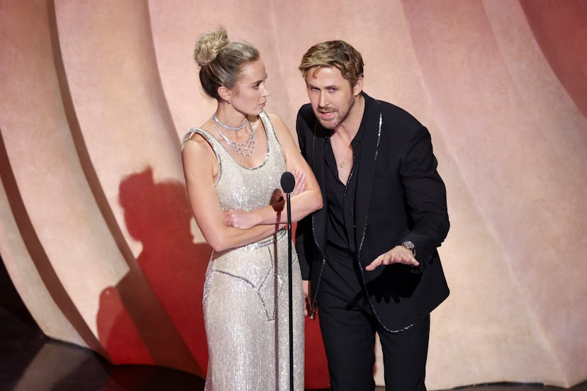 Emily Blunt and Ryan Gosling at the 2024 Oscars. Photo via Getty Images