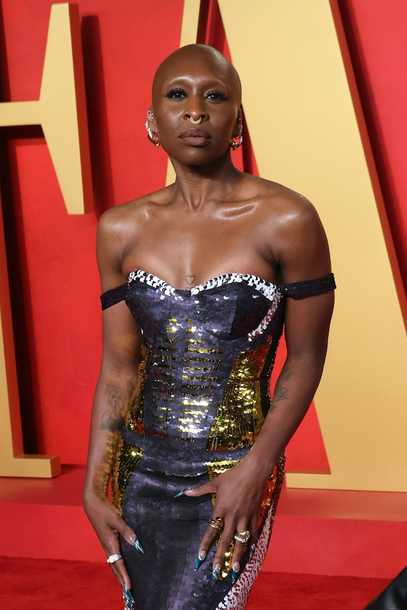 Cynthia Erivo wore emerald French tip nails with rhinestones at the 2024 Vanity Fair Oscar Party.