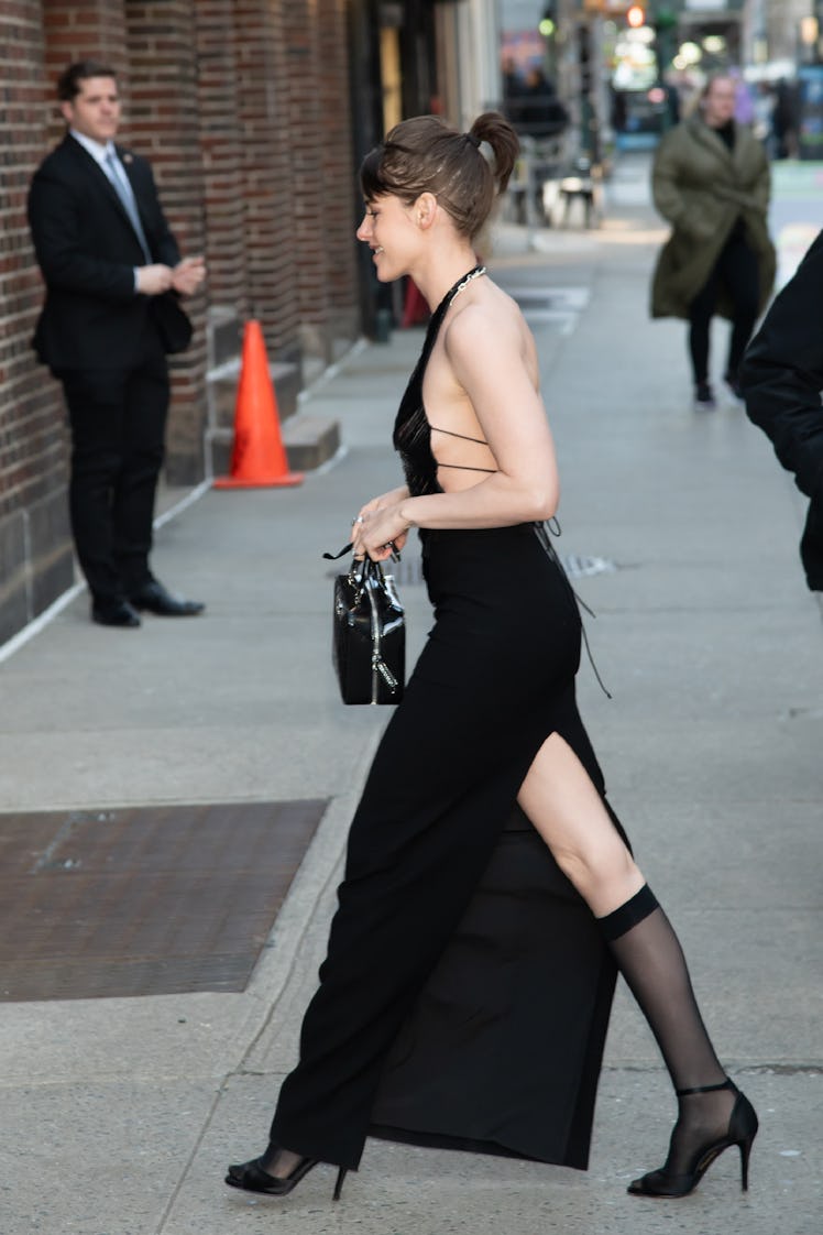 Kristen Stewart is seen arriving at  Late Show with Stephen Colbert Show on March 11, 2024 in New Yo...