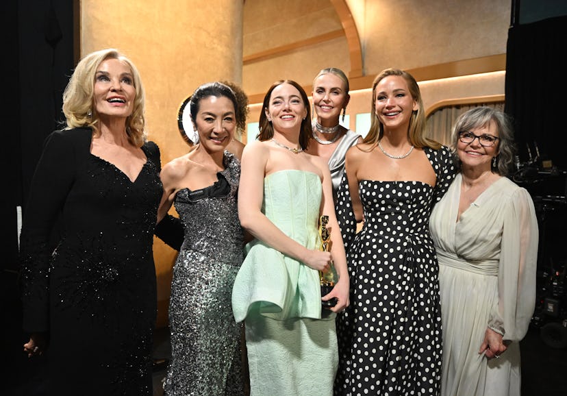 Jessica Lange, Michelle Yeoh, Emma Stone, Charlize Theron, Jennifer Lawrence, and Sally Field at the...