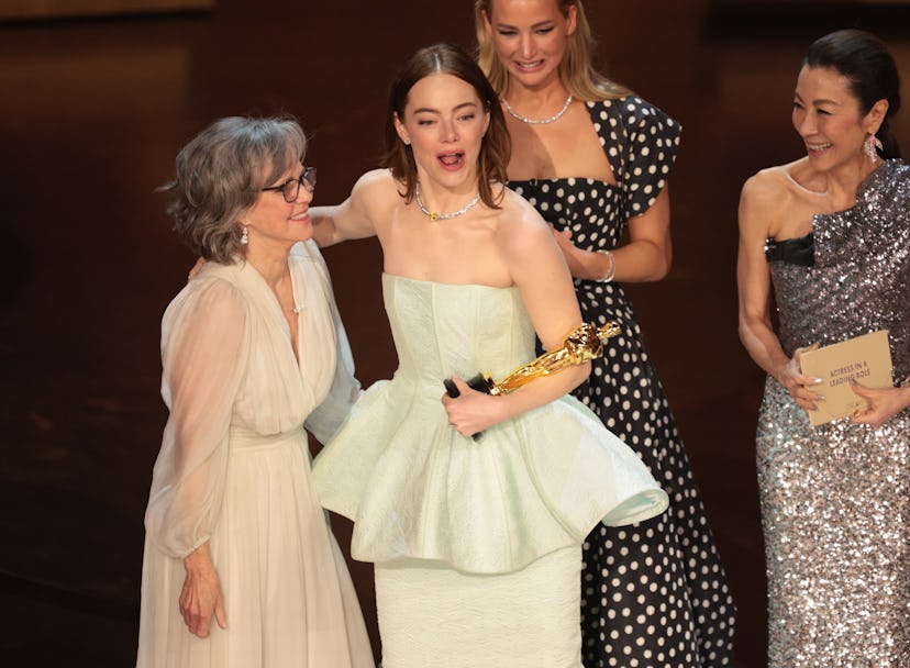 Sally Field, Emma Stone, Jennifer Lawrence and Michelle Yeoh during the live telecast of the 96th An...