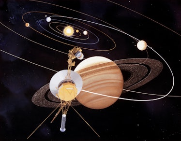 An artistic rendering of the interplanetary space probe Voyager II as it flies by Jupiter. The space...