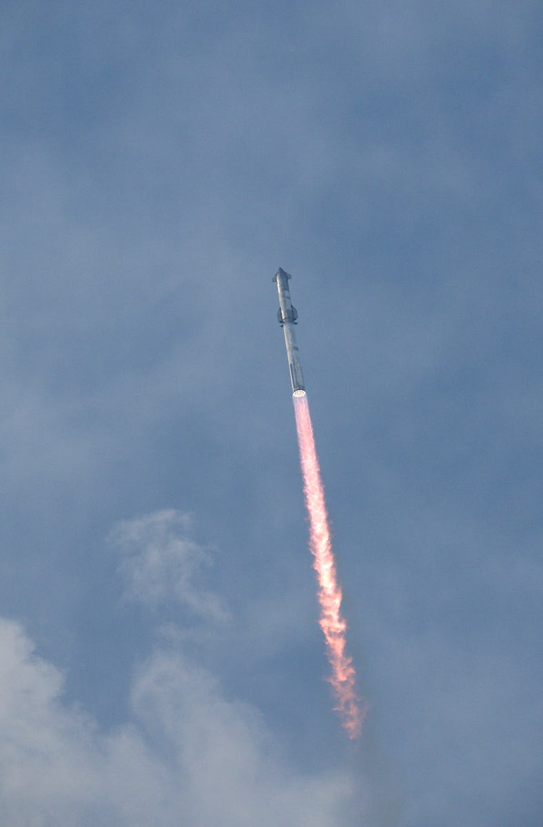 TOPSHOT - The SpaceX Starship spacecraft lifts off from Starbase in Boca Chica, Texas, on March 14, ...