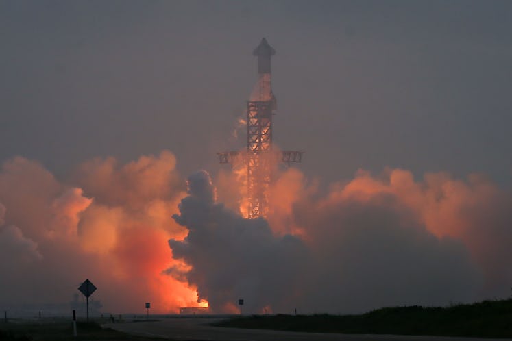BOCA CHICA, TEXAS - MARCH 14: The Starship spacecraft, atop the Super Heavy rocket, lifts off on a h...