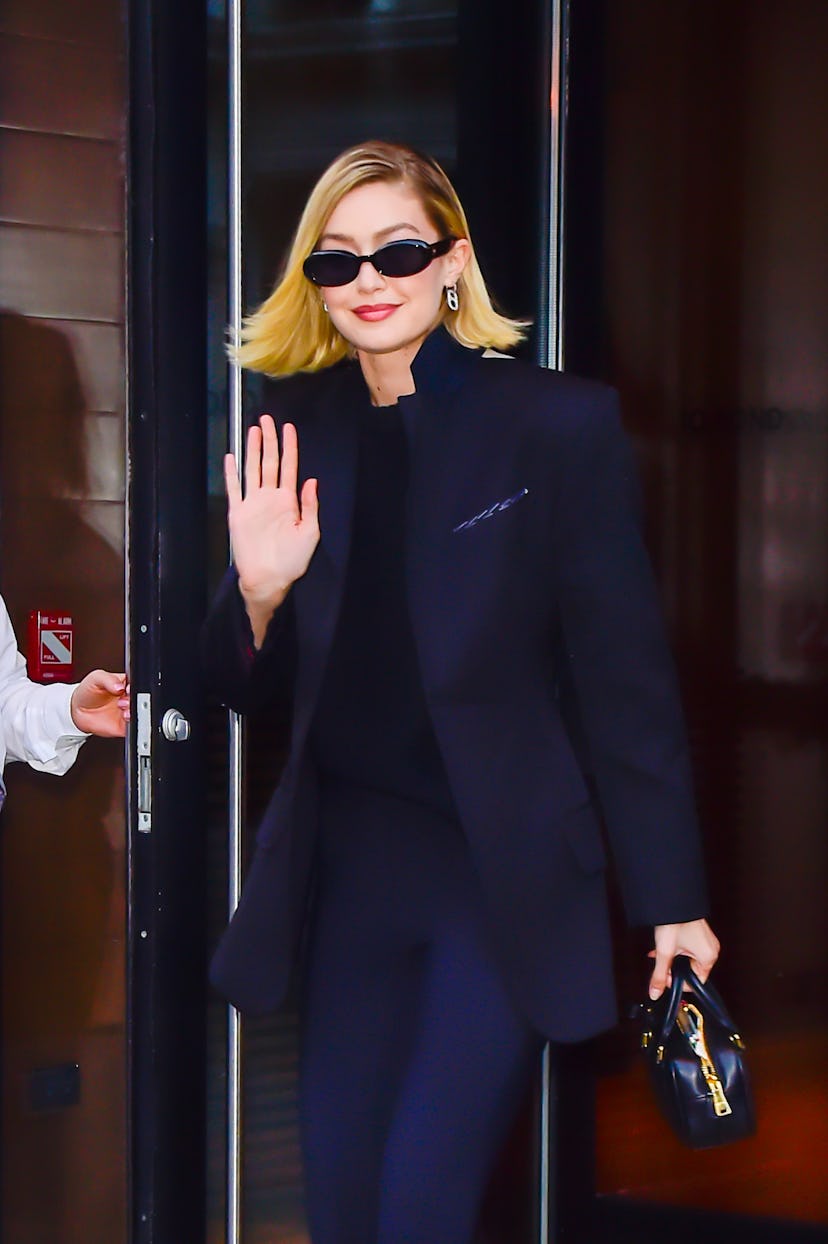 Gigi Hadid wears a blazer and leggings and shows off her new bob