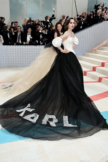 Lily Collins attends The 2023 Met Gala Celebrating "Karl Lagerfeld: A Line Of Beauty" 