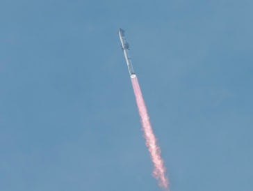 BOCA CHICA, TEXAS - MARCH 14: The Starship spacecraft launches atop the Super Heavy rocket Thursday,...