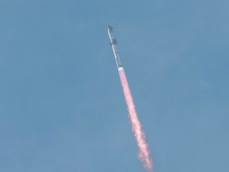 BOCA CHICA, TEXAS - MARCH 14: The Starship spacecraft launches atop the Super Heavy rocket Thursday,...