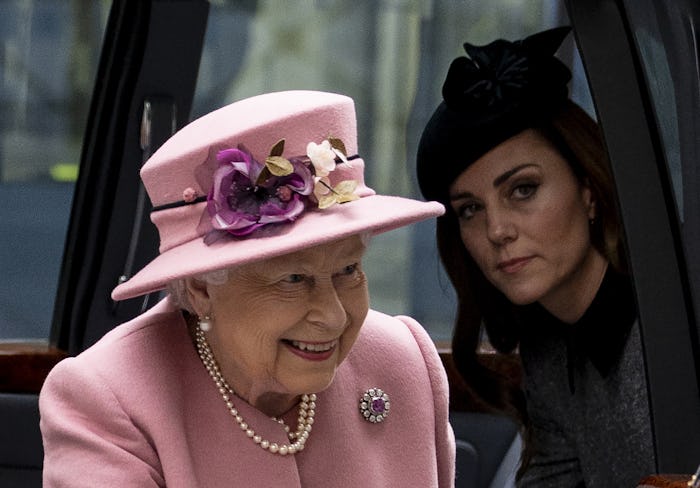 TOPSHOT - Britain's Queen Elizabeth II and Britain's Catherine, Duchess of Cambridge arrive to visit...