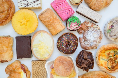 Table top view of variety of bakery items.