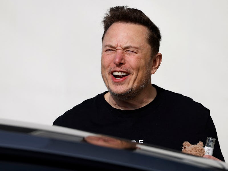 Tesla CEO Elon Musk is pictured during a visit at the company's electric car plant in Gruenheide nea...