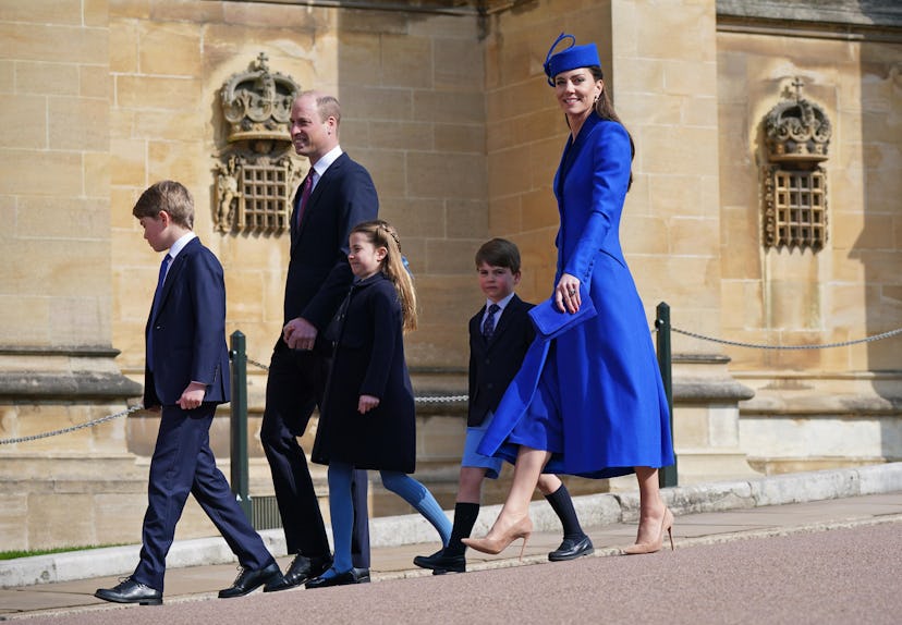 WINDSOR, ENGLAND - APRIL 09: (L-R) Prince George of Wales, Prince William, Prince of Wales, Princess...