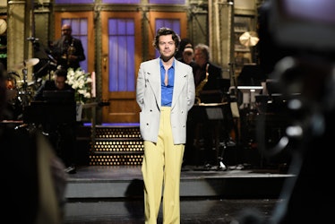 Harry Styles hosting SNL, where he made a One Direction quip