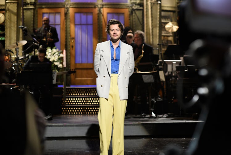 Harry Styles hosting SNL, where he made a One Direction quip