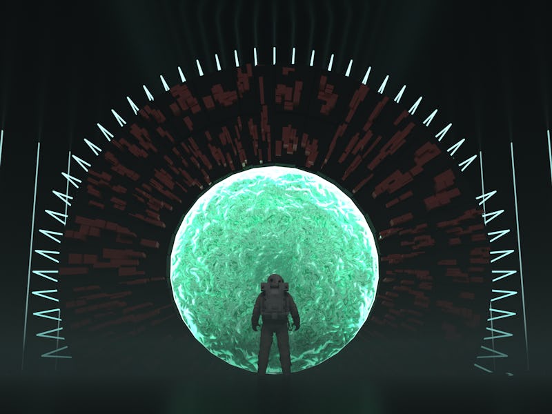 Astronaut entering travel portal