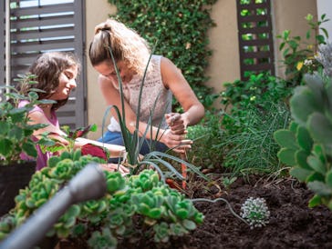 front view on mother and daughter gardening together in front yard