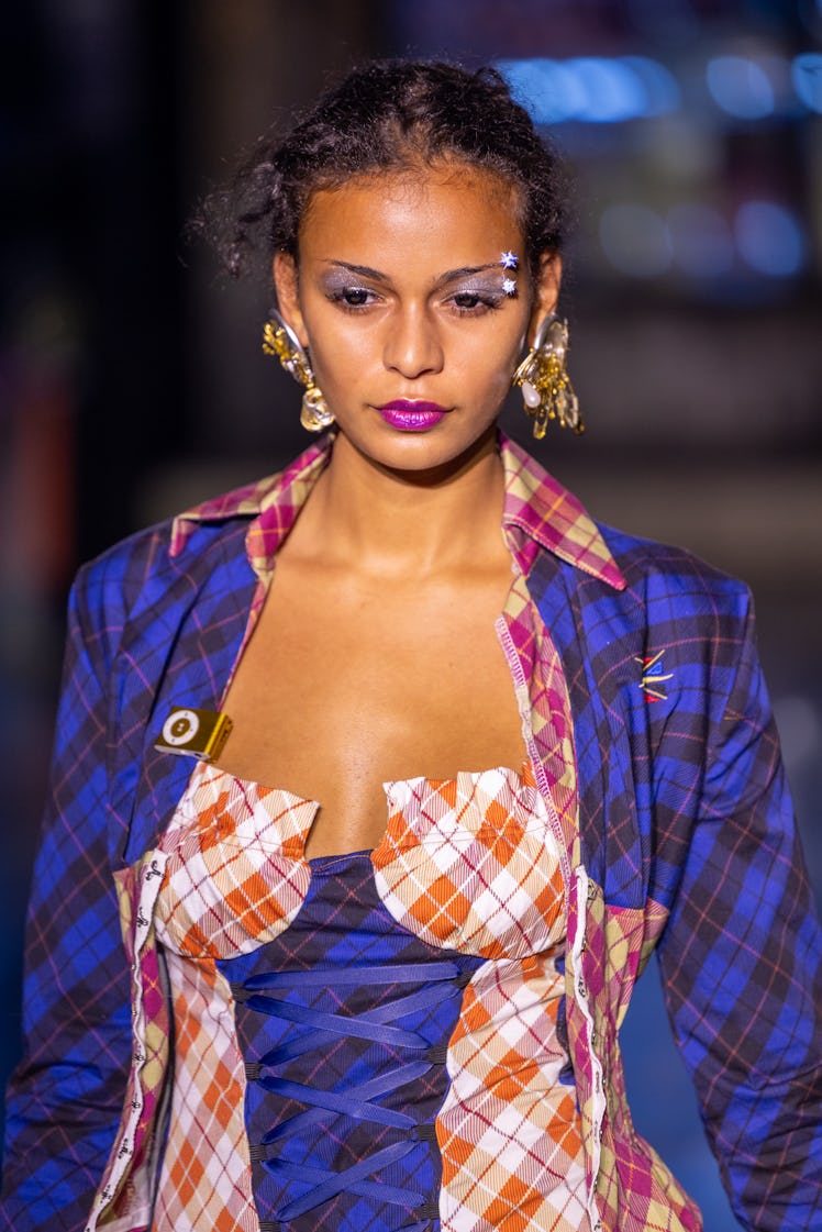 LONDON, ENGLAND - FEBRUARY 18: A model walks the runway ahead of the Sinead Gorey show during London...