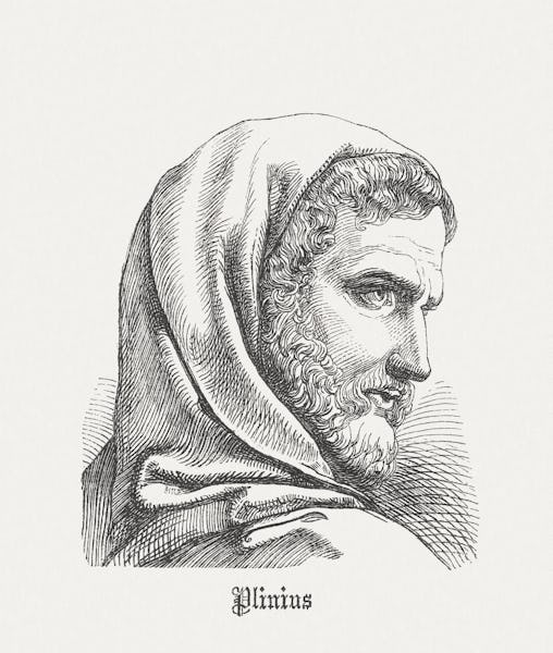 Pliny the Elder (AD 23 - AD 79), Roman author, naturalist, and natural philosopher. Woodcut engravin...