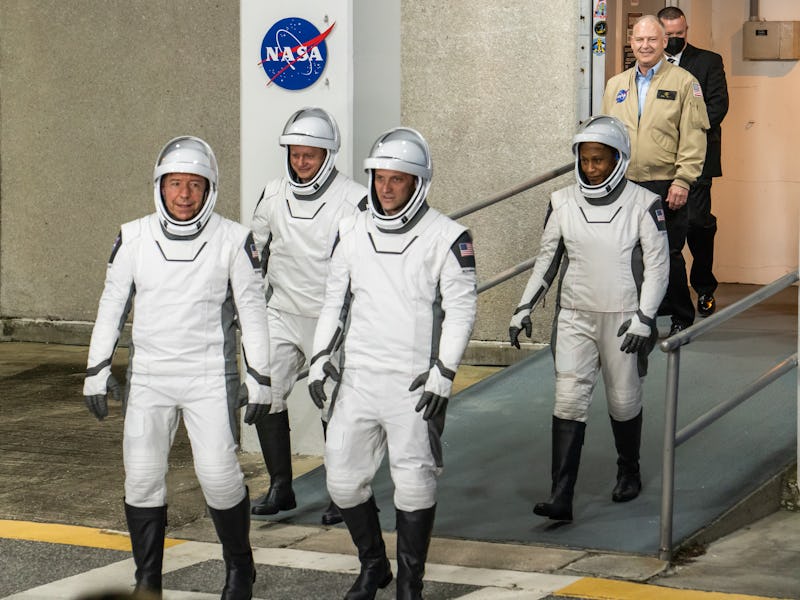 The astronauts of the Crew 8 mission are participating in the traditional walkout at the Kennedy Spa...
