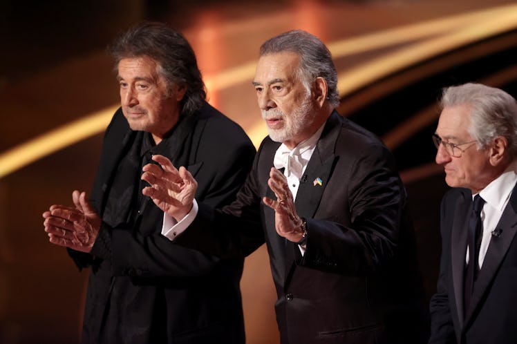 Al Pacino, Francis Ford Coppola, and Robert De Niro speak onstage at the 94th Academy Awards held at...