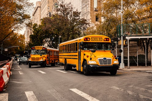 NYC Yellow School Buses in Manhattan, Upper East Side, New York City, USA