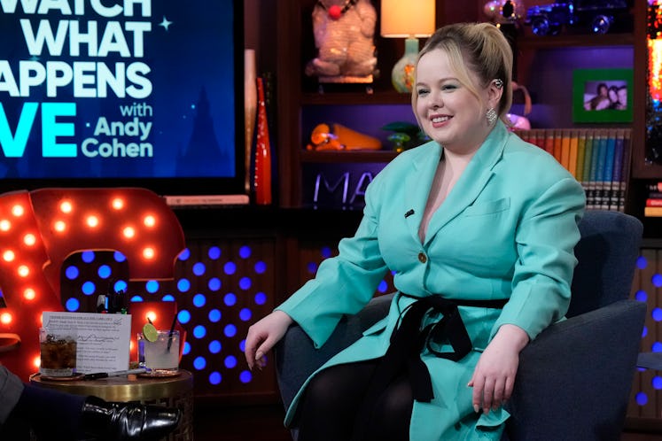 Nicola Coughlan wore a bright green, teal suit on 'Watch What Happens Live.'