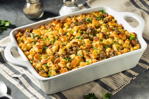 Homemade Thanksgiving Pork Sage Stuffing in a Casserole Dish